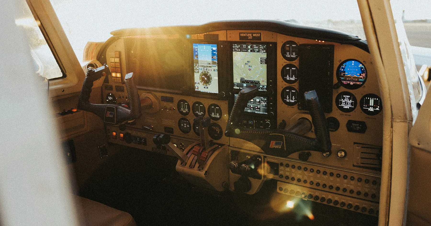 The cockpit of a Venture West Piper training aircraft